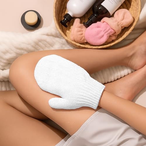 Nylon Exfoliating Gloves for Shower, 3Pcs Gentle Scrub Mitts for Body, Bath Gloves for Men and Women (White) - color: White