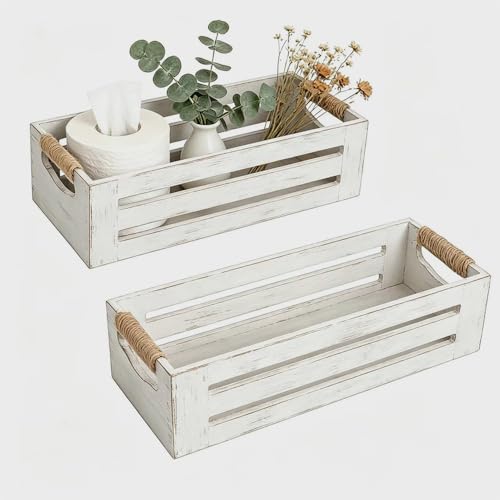 2Pack Wooden Bathroom Storage Crates with Rope Handles - Rustic Farmhouse Toilet Tank Topper Organizer Bin for Toilet Paper, Bathroom Decor, Kitchen Countertop & Home Organization (Distress White) - color: Distress White