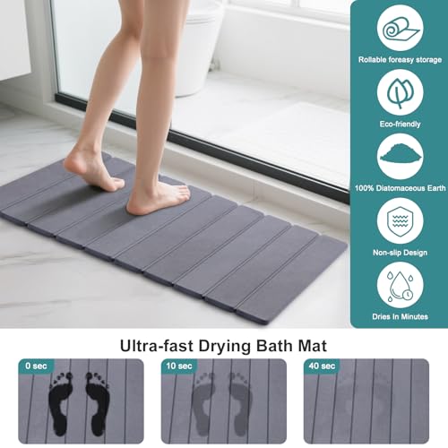 Foldable Stone Bath Mat, Quick-Drying Diatomite Bath Mat | Fast-Drying Hard Stone Drying Mat for Bathroom Shower Floor, 23.6 x 15.4 inch (Dark Grey)