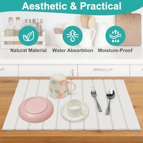 3 Pcs Large Stone Dish Drying Mat for Kitchen Sink Counter Dish Pads Diatomaceous Earth Mats Quick Fast Drying Stone Mat Diatomite Absorbent Tray Dry Matt Kitchen Countertop Dishes Drainer Mat - color: White