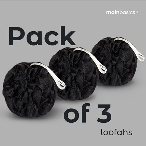 MainBasics Shower Loofah Sponge Pouf, Set of 3, Triple Black | Soft Mesh Body Scrubber and Bath Sponge for Gentle Exfoliation, Rich Lather, and Everyday Shower Use - style: Triple Black