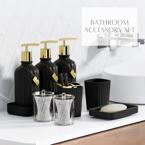 32PCS Bathroom Sets with Shower Curtain and Rugs-Purple Bathroom Accessories,Non Slip Bathroom Rugs Set with Toilet Lid Cover, Waterproof Shower Curtain, 3PC Soap Dispenser with Trash Can - size: Bath Set+Oil Paint Shower Curtain+Bath Rugs, style: Black