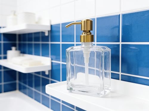 Clear Glass Soap Dispenser Retangular, Brushed Gold Pump, 13.5 oz | Rust Proof Stainless Steel Pump, Refillable, Hand Soap, Liquild Soap, Dish Soap - color: Gold, size: 13.5oz-Square