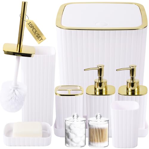 XLHOMO Bathroom Accessories Set - Gorgeous Bathroom Set, 10PC White Bathroom Accessory Set, Toilet Brush, Trash Can, Qtip Holder Dispenser & Soap Dispenser - size: Bath Set, style: White&Gold
