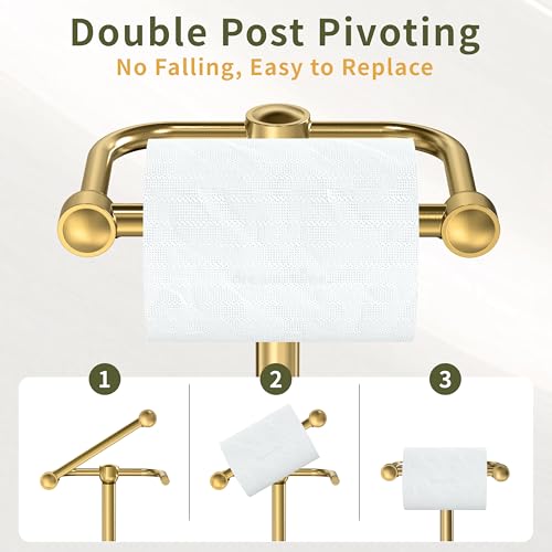 Toilet Paper Holder Stand, Modern Bathroom Free Standing Toilet Paper Roll Holder, Post Pivoting Toilet Paper Stand with Stainless Steel Tissue Rack, Rust-Proof & Heavy Stable Base（Brushed Gold） - color: Brushed Gold, size: Free Standing