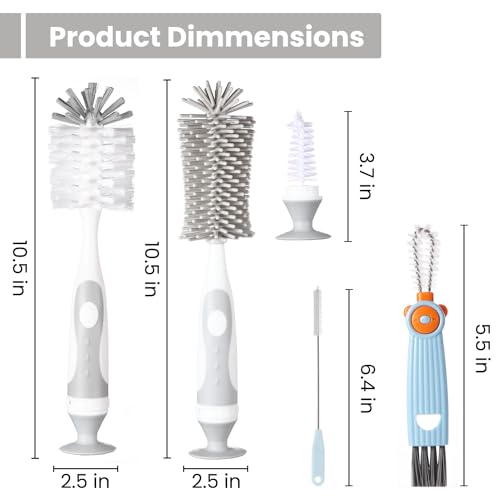 Ariseno 5-in-1 Baby Bottle Cleaner Set, Including Nylon & Silicone Bottle Brush, Cap, Straw & Nipple Brushes, BPA-Free (Grey) - color: Gray-nylon Silicone