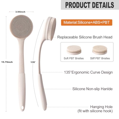 Long Handle Shower Back Scrubber,15.75 Inch Ergonomic Curved Brush with 3 Replaceable Heads with Soft and Firm Bristles,Silicone Handle for Easy Back Cleaning and Exfoliation,Bath Body Brush(Beige) - color: Wheat Straw Beige