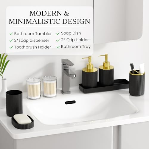Black Gold Bathroom Accessories Set, 10PC Bathroom Set, Bath Accessory with Pop Up Trash Can, Soap Dispenser, Toilet Brush, Toothbrush Set Qtip Holders & Tray - color: Black & Gold, size: 10-Piece Set (Accessories Only)
