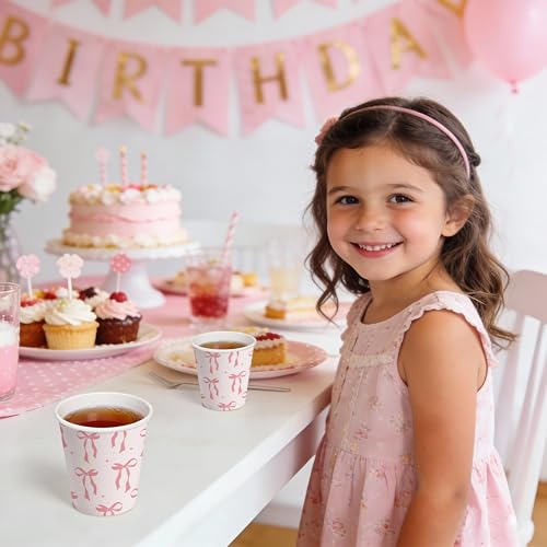 WRAPAHOLIC 3oz Paper Cups - 100 Pack Disposable Bathroom Cups with Pink Bow Design, Small Mouthwash Cup for Toothbrush Rinse, Home Bathroom, Picnic, BBQ, Travel and Party - color: Pink Bow
