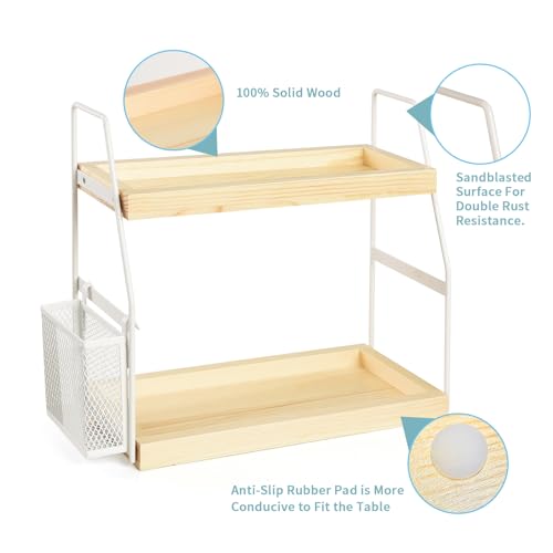 Bathroom Counter Organizer, 2-Tier Standing Storage Shelf with Basket, Wood Tray for Skincare Vanity Organizer(White) - style: 2 Tier White