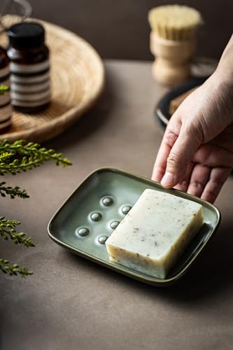 Miamolo Ceramic Soap Dish for Shower, Non-Slip Bar Soap Saver Tray Bar for Bathroom Kitchen Sink Bathtub, Easy to Clean, Dishwasher Safe, Raised Pattern - Keep Soap Dry, Dark Green - color: Dark Green, size: Floating Point Design