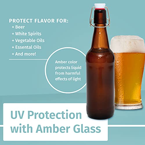 Otis Classic Swing Top Glass Bottles, Amber, Ceramic Cap, Set of 6, 16 oz | Clear Bottle, Includes Marker & Labels, For Juice, Water, Kombucha, Wine, Beer Brewing, Kefir Milk, Eggnog - color: Amber - Ceramic caps