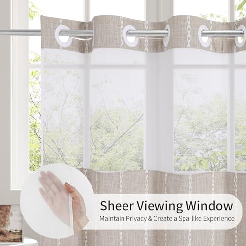 MitoVilla No Hooks Needed Farmhouse Shower Curtain with Snap-in Liner - with Window & Magnets, Taupe Boho Cotton Linen Fabric Shower Curtains with Tassels for Rustic Bathroom Decor, 72 x 74 - color: Taupe - Win