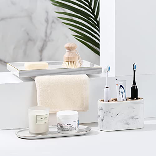 Shinowa Ceramic Vanity Tray, Bathroom Counter Tray Marble Finish Perfume Tray Rectangle Decorative Tray for Vanity Dresser Bathroom Countertop Living Room Kitchen, Large Size - Marble White - style: L-Rectangle
