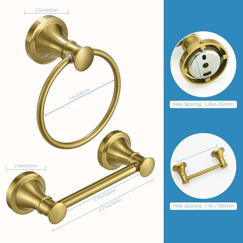 RUMOSE Toilet Paper Holder and Hand Towel Ring Brushed Gold Wall Mount Bathroom Hardware Accessories 2 PCS Set Flexible Pivoting Toilet Tissue Roll Holder and Towel Hanger, Stainless Steel - color: Brushed Gold