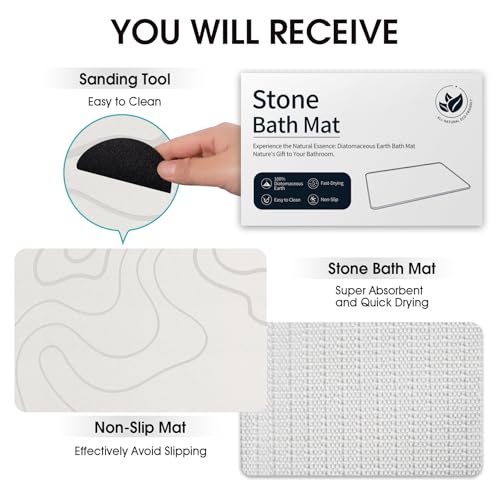 ZIKIBL Stone Bath Mat Diatomaceous Earth Shower Mat Non-Slip Super Absorbent Diatomite Stone Mats for Bathroom Floor/Ktichen Cuonter Quick-Drying Easy to Clean (24''*16''White) - color: White