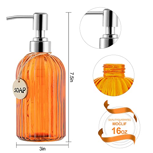MOCLIF 16 OZ Soap Dispenser，Tempered Glass Clear Vertical Stripe with 304 Rust Proof Stainless Steel Pump Refillable Liquid Hand Soap Dispenser，for Bathroom, Kitchen, Dish Soap，Lotion (Orange) - color: Orange