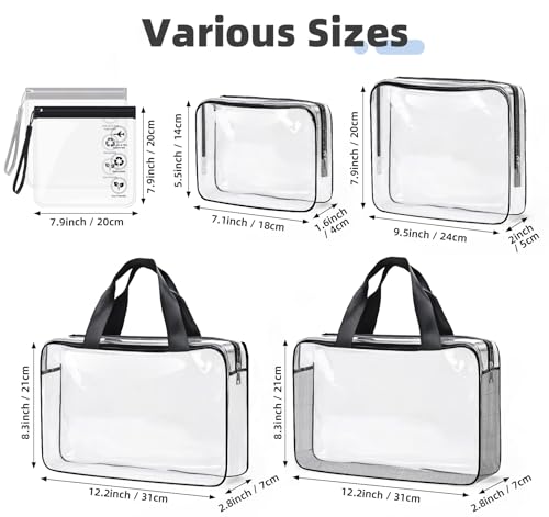 ABSOFINE Clear Toiletry Bag for Travel Size Toiletries, 4 Pack Large Waterproof PVC Makeup Bags with 2 Pack Airport Security Liquids Bags, Travel Essentials toiletry Bottles for Women Girls Men