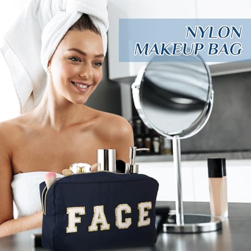 Preppy Makeup Bags Chenille Letter Stuff Bag Nylon Cosmetic Pouch Cases with Zipper for Women Travel Toiletry(Dark Blue,Classic,4 Pcs) - color: Dark Blue, size: Classic
