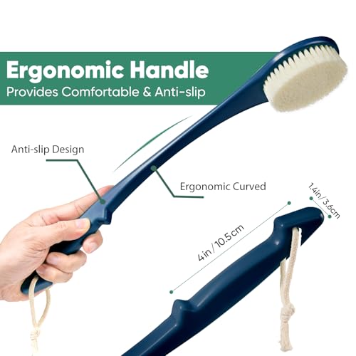 Back Scrubber for Shower, 17-Inch Shower Brush for Men and Women, Long Handle Exfoliating Body Brush, Medium Bristle Stiffness for Dry or Wet Brushing (Navy Blue) - size: 17 in - Navy Blue