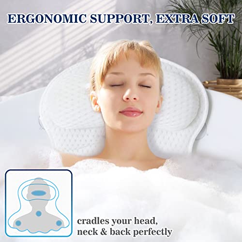 Bath Pillow Bathtub Pillow, Luxury Bath Pillows for Tub Neck and Back Support, Bath Tub Pillow Headrest with Soft 4D Mesh Fabric and Non-Slip Suction Cups, Relaxing Bath Accessories Spa Gifts - color: White