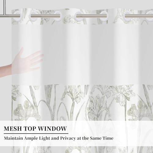 No Hook Floral Shower Curtain with Snap in Fabric Liner, Botanical Shower Curtains for Farmhouse Bathroom, Mesh Top Window and Waterproof Washable, 71x74 Inch - color: Botanical-b