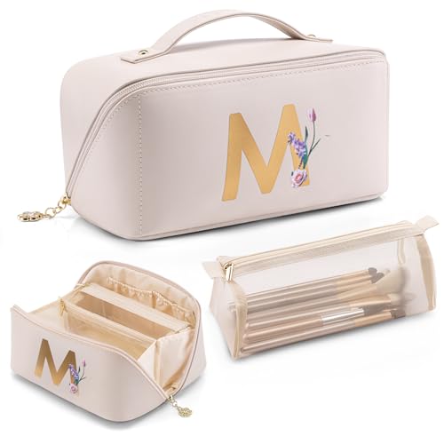 VLANDO Gifts for Women, Initial Makeup Bag,Travel Makeup Bag,Teacher Appreciation Gifts Birthday Gifts Bridesmaid Gifts Bride Wedding Gifts Graduation Gifts Valentine's Day Gift(Letter M) - color: 14.White-M