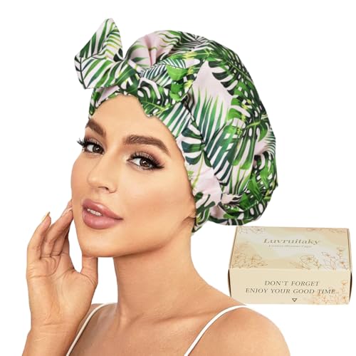 Luvruitaky Shower Cap Luxury Shower Caps for Women Reusable Waterproof Hair Cap for Shower with Adjustable Bowknot Hair Bath Cap (Green Palm) - color: Green Palm
