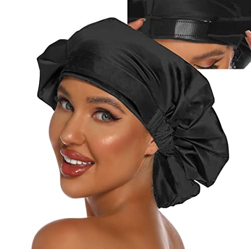 HIUMI Large Shower Cap For Men,Large Shower Cap For Women Long Hair,Reusable Shower Cap for Braids,Dreads,Curls, Locs, Curly，Wave，Hair Cap for Shower,Washable and Adjustable,Black - color: black-black