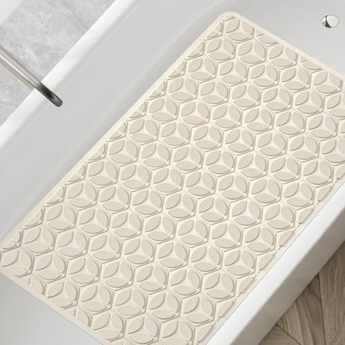 Bathtub Mat Non Slip with Suction Cups - 100% Rubber Bathroom Mat Textured for Bath Tub Shower Safety - Soft on Touch - BPA/PVC Free - Pet Dog Bath Mat - Machine Washable - 16 × 28 Inch（Beige） - color: Beige, size: 28" x 16" (Rectangular)