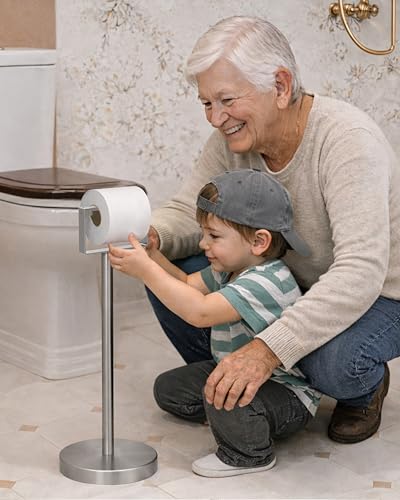 RUACQ Toilet Paper Holder Free Standing, Stainless Steel Toilet Paper Holder Stand with Weighted Base, Bathroom Toilet Paper Holder Free Standing, Floor Tissue Roll Holder (Brushed Nickel, 1Pack) - color: Brushed Nickel, size: Free Standing