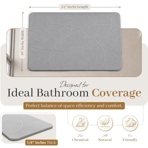 Super Absorbent Stone Bath Mat 24x16, Diatomaceous Earth Bath Mat with Non Slip Grip, Water Absorbing Stone Surface for Shower, Tub, Sink & Vanity, Gray