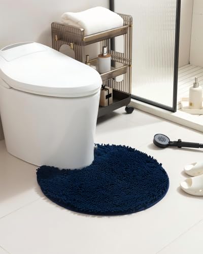 Soft Shaggy Round Toilet Rug U Shaped for Bathroom, Excellent Absorbent Contour Toilet Mat Machine Washable, Non-Slip Microfiber Chenille Bathroom Rugs 24" Navy Blue - color: Navy Blue
