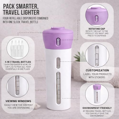 Travigo 4-in-1 Travel Dispenser Bottle, TSA Approved, Leak Proof, Four Reusable 1.4 oz. (40 mL) Toiletry Containers for Shampoo, Conditioner, Soap, Lotion, Skincare (Purple) - color: 1 Dispenser (Purple)