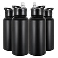 32 oz Insulated Water Bottle Bulk 4 Pack, Stainless Steel Sports Water Bottles with Straw Lid & Wide Mouth Lids, Double Walled Vacuum, Leak Proof, Black - color: Black, size: 32 Ounces-4