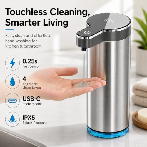 Automatic Liquid Soap Dispenser, Touchless Rechargeable Soap Dispenser for Kitchen & Bathroom, Stainless Steel, 4 Adjustable Foam Levels, USB-C, Waterproof, 12oz/350ml(Stainless Steel Liquid) - color: St-01 Liquid Gray