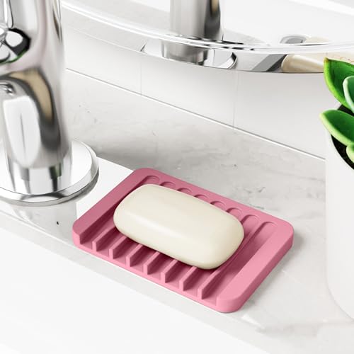 4-Pack Self Draining Soap Dish for Shower Bathroom Waterfall Silicone Soap Saver Tray Sponge Holder for Kitchen Sink Non-Slip Easy Clean (Yellow and Pink) - color: Yellow and Pink