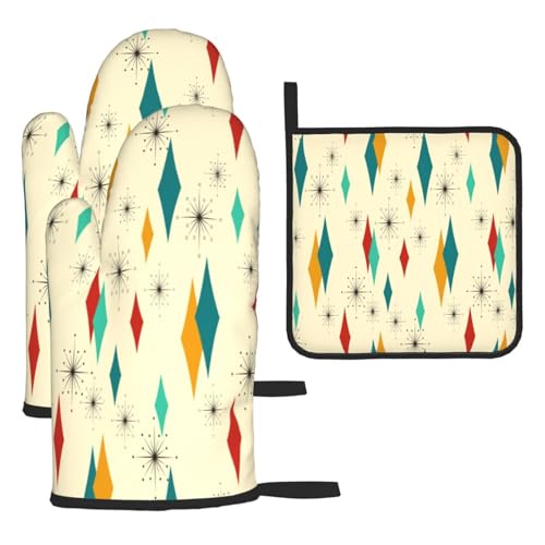 Mid Century Modern Oven Mitts and Pot Holders Set Heat Resistant Non Slip Set of 3 Retro Decor Kitchen Gloves Hot Pads for Cooking BBQ Baking Grilling - color: Mid Century