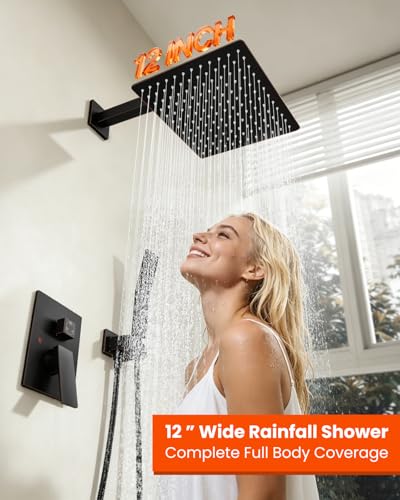 gotonovo Shower System with Tub Spout,Waterfall Tub Shower Faucet Set for Bathroom Head and Handle Set Wall Mounted 3 Function Rough-in Valve and Trim Included 12 inch Shower Head Oil Rubbed Bronze - color: Oil Rubbed Bronze, size: 12 inch Shower Head