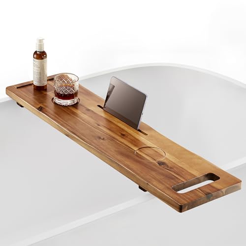 Tinamo Acacia Bathtub Caddy Tray Table | 39 x 9.75 x 2.5 Inch Large Bath Tub Tray Wooden | Anti-Tipping, Sustainable Tub Tray for Bathtub | Bathtub Accessories Holders for Bathtub (Acacia, 39x9.75) | Adjustable Feet, 39" x 9.75" x 2.5", Phone & Drink Hold