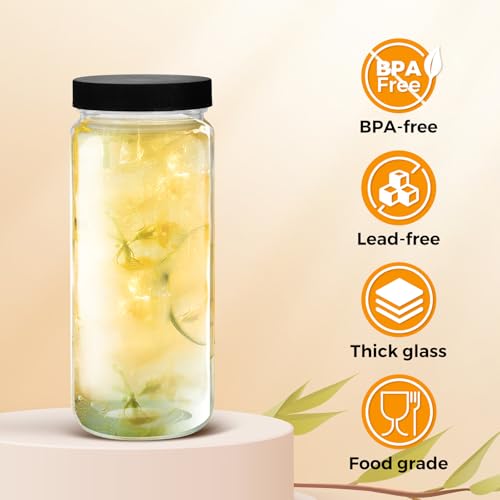 Jarsoph 18oz 6pcs Glass Juice Bottles with Lid, Water Containers with Caps | Reusable Tall Mason Jar for Drinking, Smoothie and Other Beverages BPA Free 100% Leak Proof Drinking - size: 18oz-Black Lid