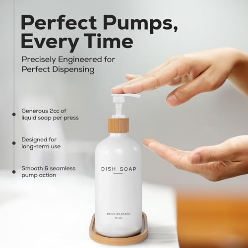 White Glass Dish Soap Dispenser for Kitchen Sink by Brighter Barns - Kitchen Soap Dispenser Set with Tray - Bamboo Pump Bottle - Neutral Minimalist Home Decor in RV, Office, Home, Airbnb, Gift (White) - color: White D