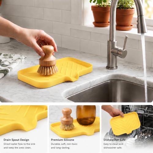 MicoYang Silicone Soap Dish with Drain Spout — Self-Draining Sink Organizer Tray for Bathroom & Kitchen, Sponges, Dispensers & Soap Holder, Non-Slip & Dishwasher Safe, Yellow (Medium, 9.6"×5.3") - color: Yellow, size: M(9.6"×5.3")