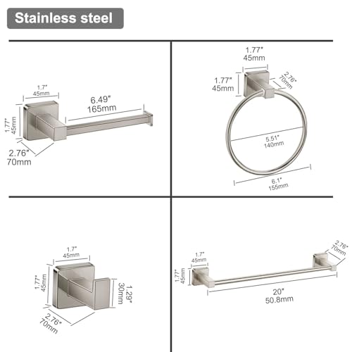 Bathroom Hardware Accessories Set 4 Pieces, Brushed Nickel Stainless Steel Towel Bar Set, Includes 20In Towel Bar, Towel Ring, Robe Towel Hooks,Toilet Paper Holder, Bathroom Towel Rack Set - color: Brushed Nickel, size: 20Inch