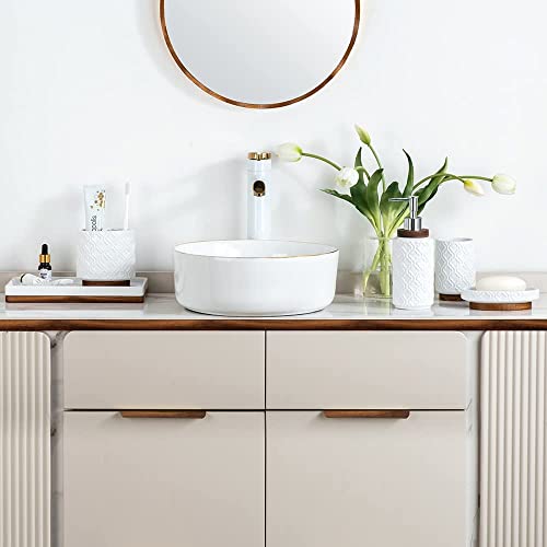 RQYIXI Elegant 6 PCS Ceramic&Wood Bathroom Accessories Set:Soap Dispenser,Toothbrush Holder,Tumbler,Soap Dish,Tray,Trash Can,Easy to Clean,Quatrefoil Pattern,White-Affordable Home Luxury - color: A-white Trash Can