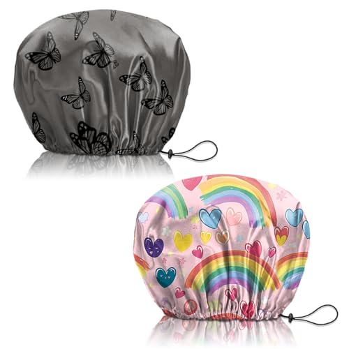 2 PCS Shower Cap Reusable Waterproof Adjustable Double Layer Elastic Dry Hair Bathing Caps Aesthetic Cute for Women Girls-Butterfly Rainbow - color: H-10-Butterfly Rainbow