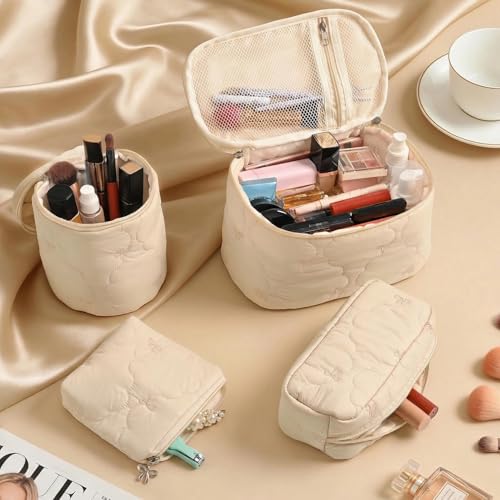 4Pcs Quilted Makeup Bag Set, Cute Bowknot Puffy Makeup Bag Toiletry Bag w/ Bow Zipper Travel Essentials Large Water-Resistant Travel Makeup Bag Versatile Cosmetic Organizer Pouch for Women Girls - color: Khaki