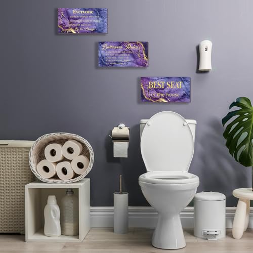 DONFENTHY 3-Piece Purple & Gold Bathroom Decor - Rules Wall Art & Signs - Best Seat in The House - Farmhouse Wooden Sign for Toilet Wall Decor (10x5") - color: Purple Gold