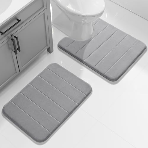 Yimobra U-Shaped Toilet Bath Mat Set 2 Piece - Super Soft Absorbent Quick Dry Memory Foam Bathroom Rugs, Machine Washable Non Slip Floor Carpet for Tub Shower & Single Sink (17x24 & 24x20, Gray) - color: Grey, size: 24x17+24x20 Inch