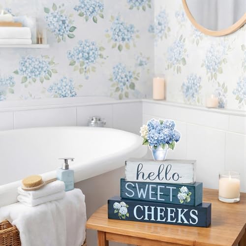 Cinnvoice 4 Pcs Hydrangea Bathroom Decor Farmhouse Bathroom Decoration Hello Sweet Cheeks Table Centerpiece Gift for Christmas Valentines Back to School - style: Hydrangea Hello Sweet Cheeks